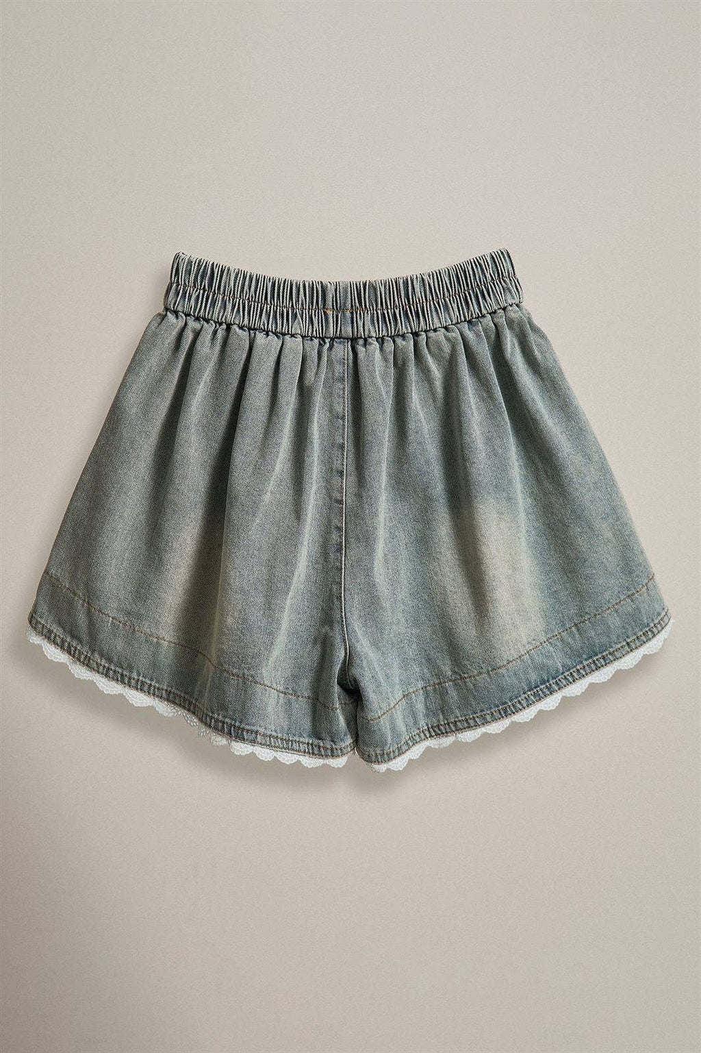 Lace Trim High Rise Vintage Wash Denim Shorts
