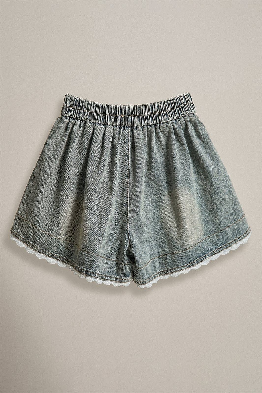 Lace Trim High Rise Vintage Wash Denim Shorts