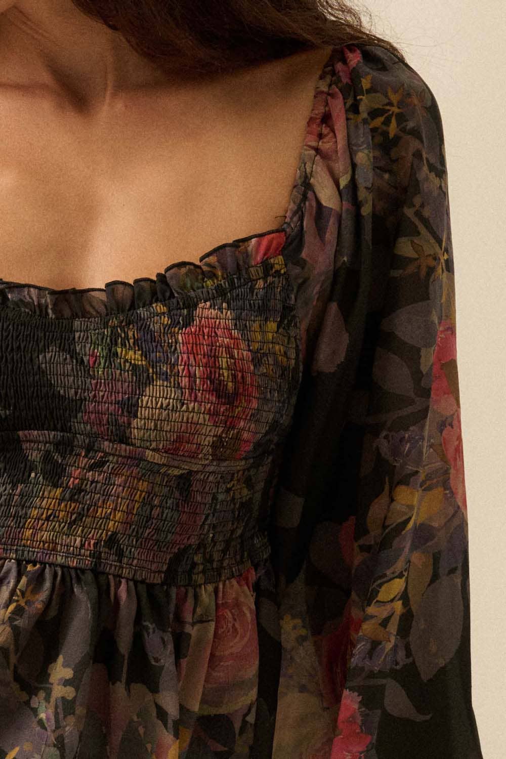 Floral-Print Smocked Sweetheart Peplum Peasant Top