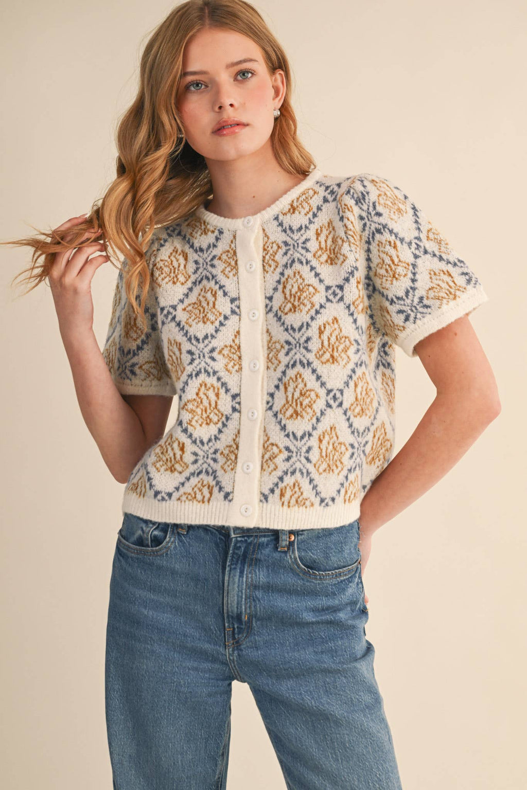 FLORAL SHORT SLEEVE SWEATER CARDIGAN MSW11258