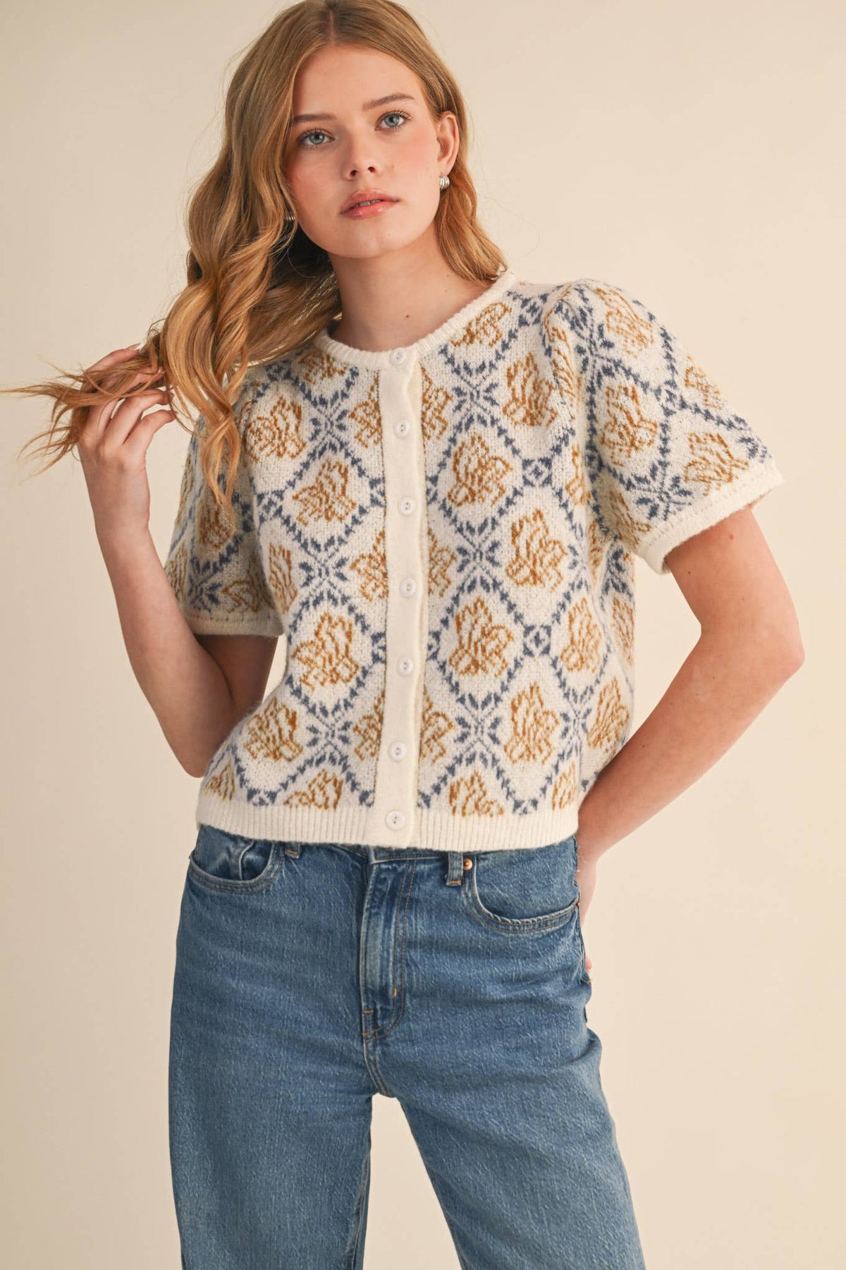 FLORAL SHORT SLEEVE SWEATER CARDIGAN MSW11258