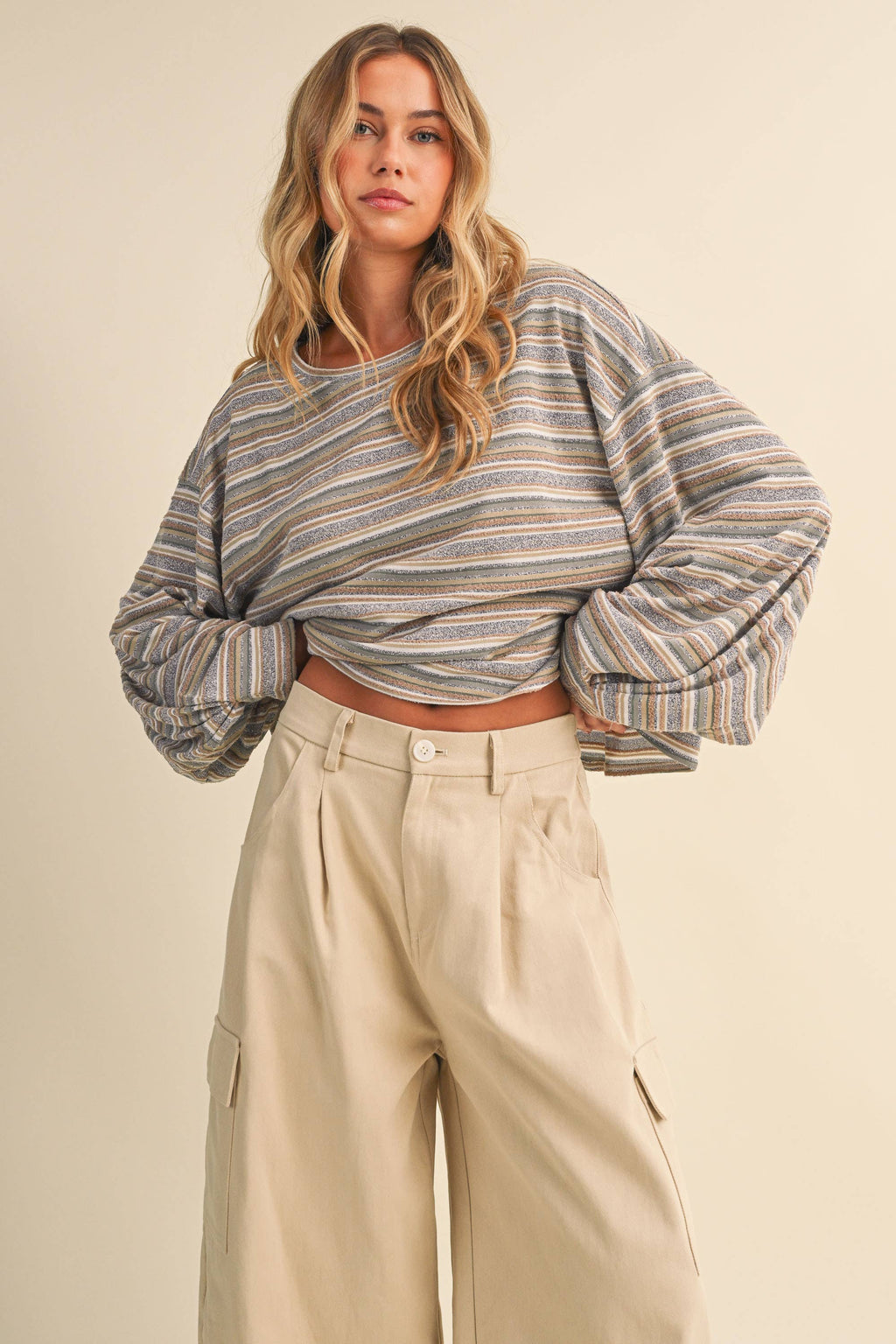 IT4769 MULTI STRIPED OVERSIZED CINCHED CUFF PULL OVER TOP