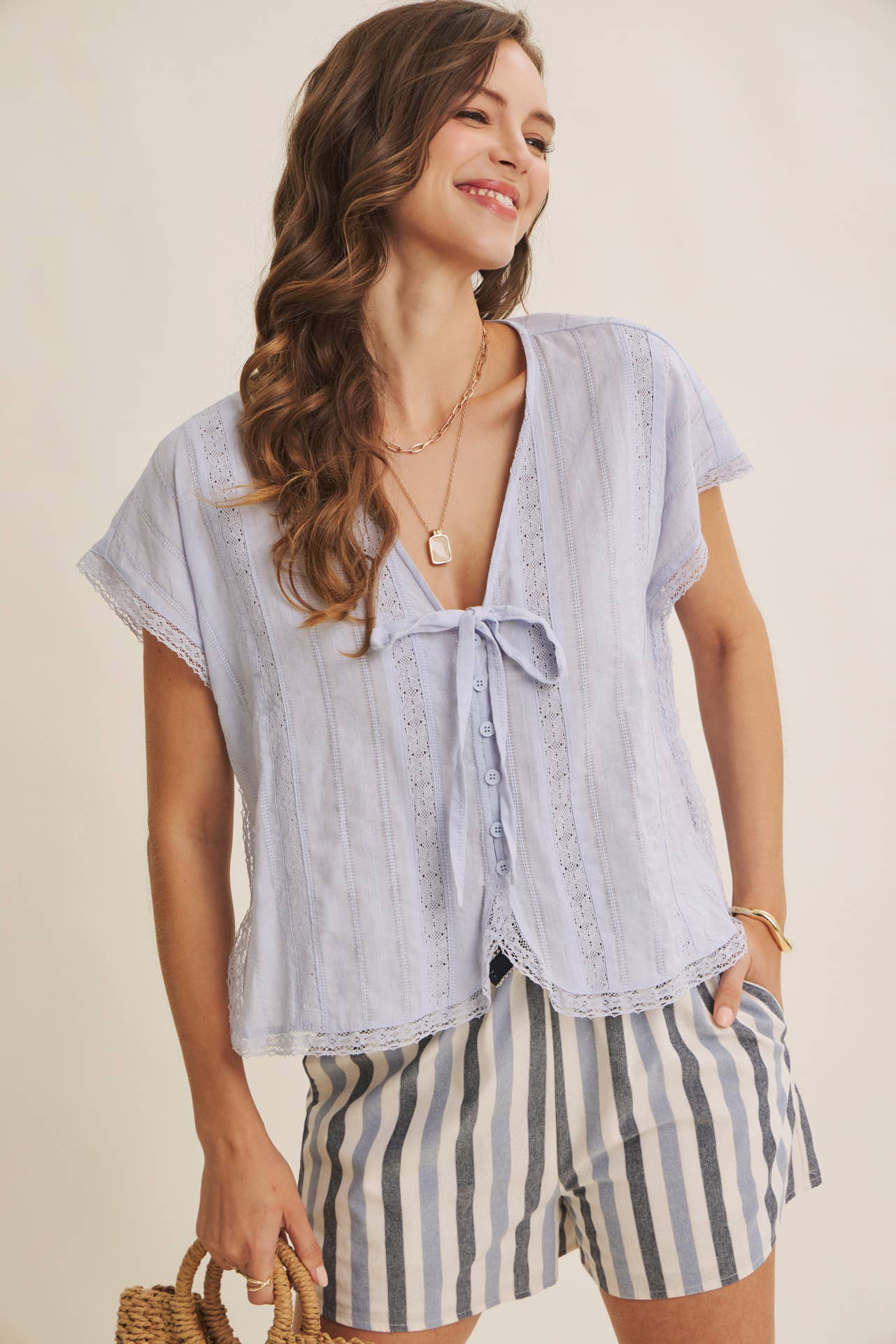LACE WANDERLUST RELAXED BUTTON-DOWN BLOUSE WITH DOLMAN SLVS