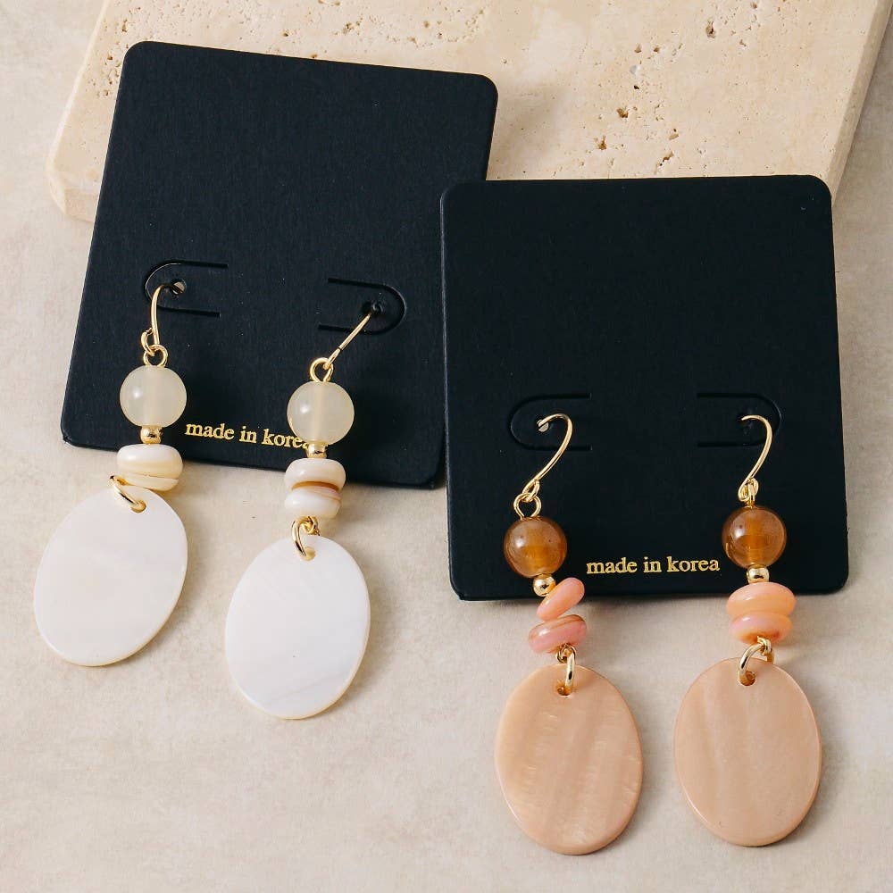Oval Sea Shell And Beads Dangle Earrings