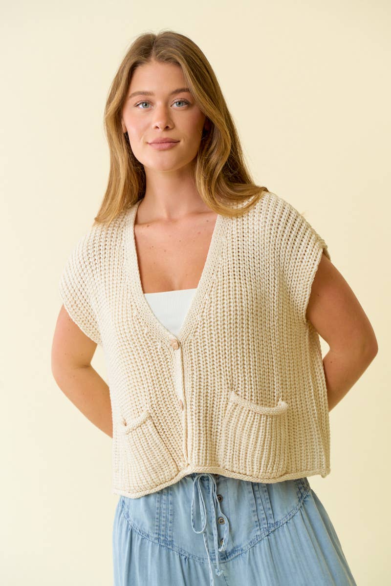 CHUNKY STITCH SWEATER W/ PATCH POCKET VEST - 45684T