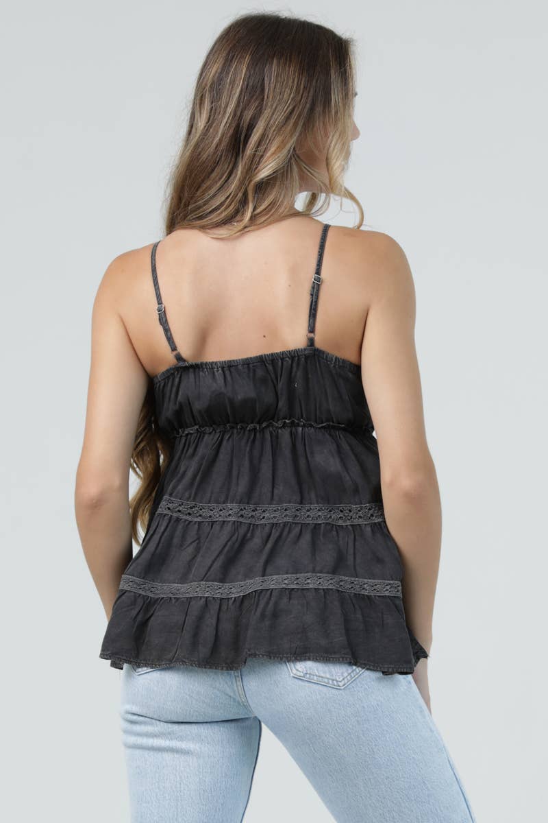 C2E35-ASIS ACID WASH LACE TRIM V NECK CAMI TANK TOP