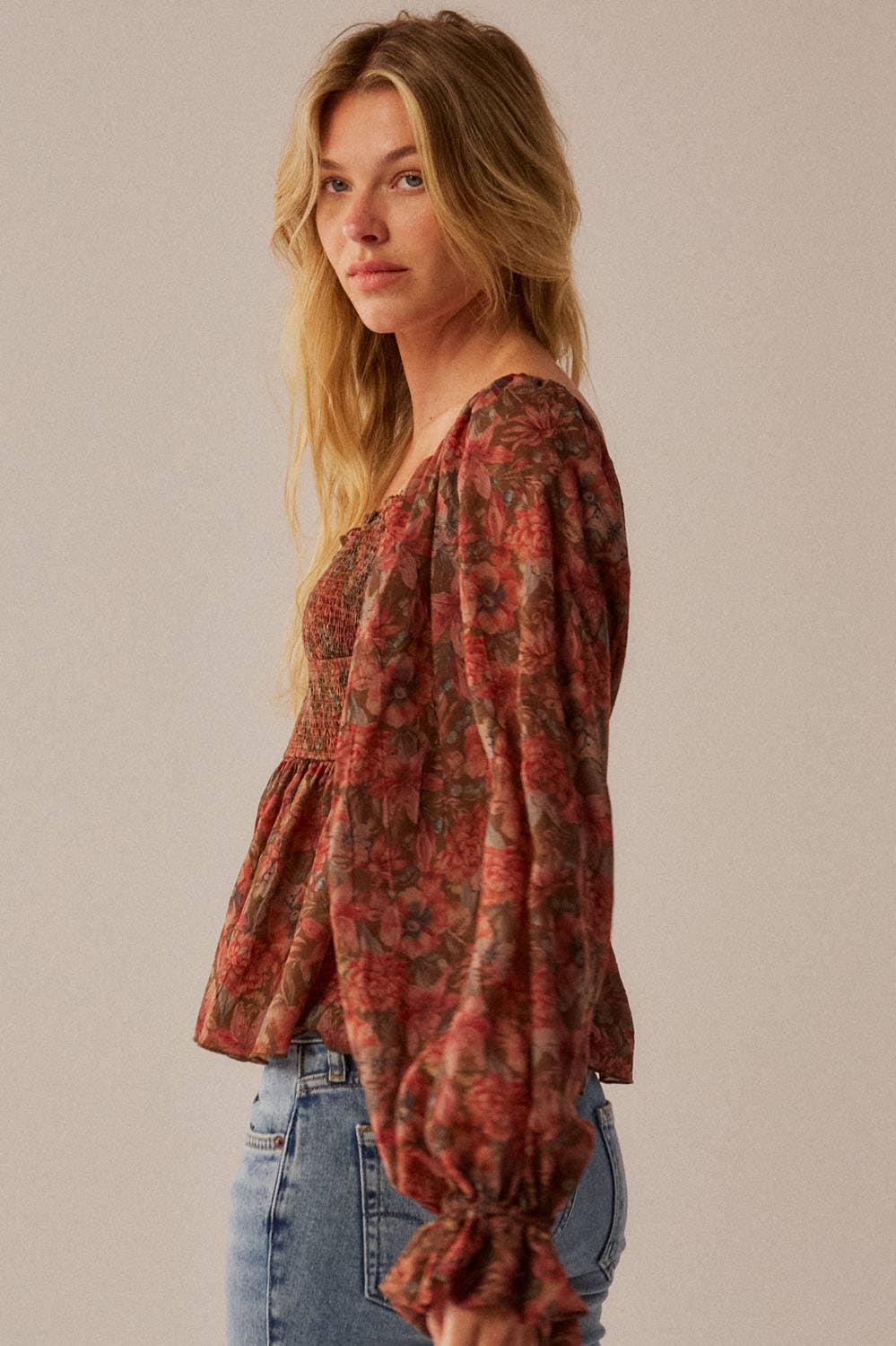 Floral-Print Sweetheart Smocked Peplum Peasant Top