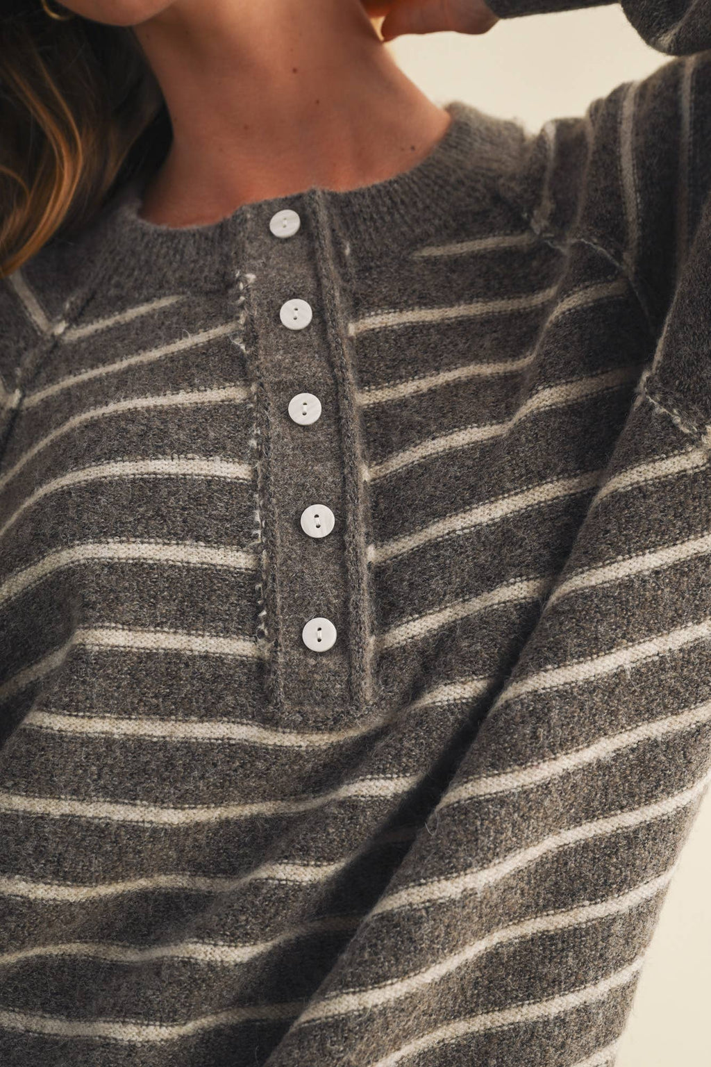 Button-Placket Stripe Knit Pullover