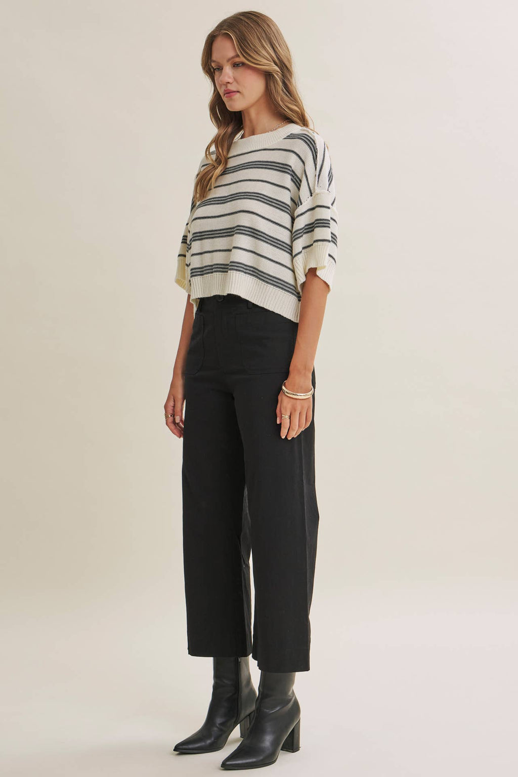 ESSENSE OF WEEKEND STRIPED LINEN COTTON BOXY SWEATER TOP