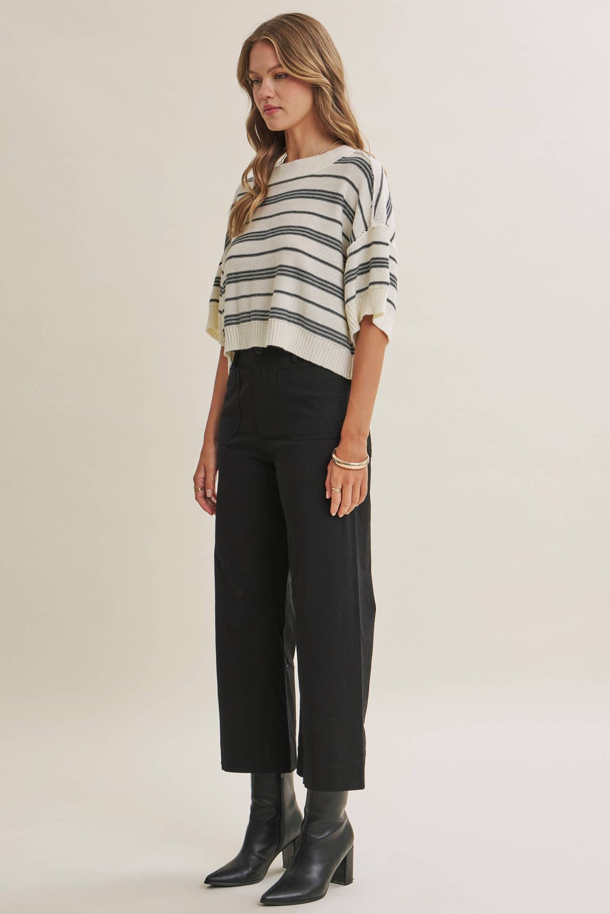ESSENSE OF WEEKEND STRIPED LINEN COTTON BOXY SWEATER TOP