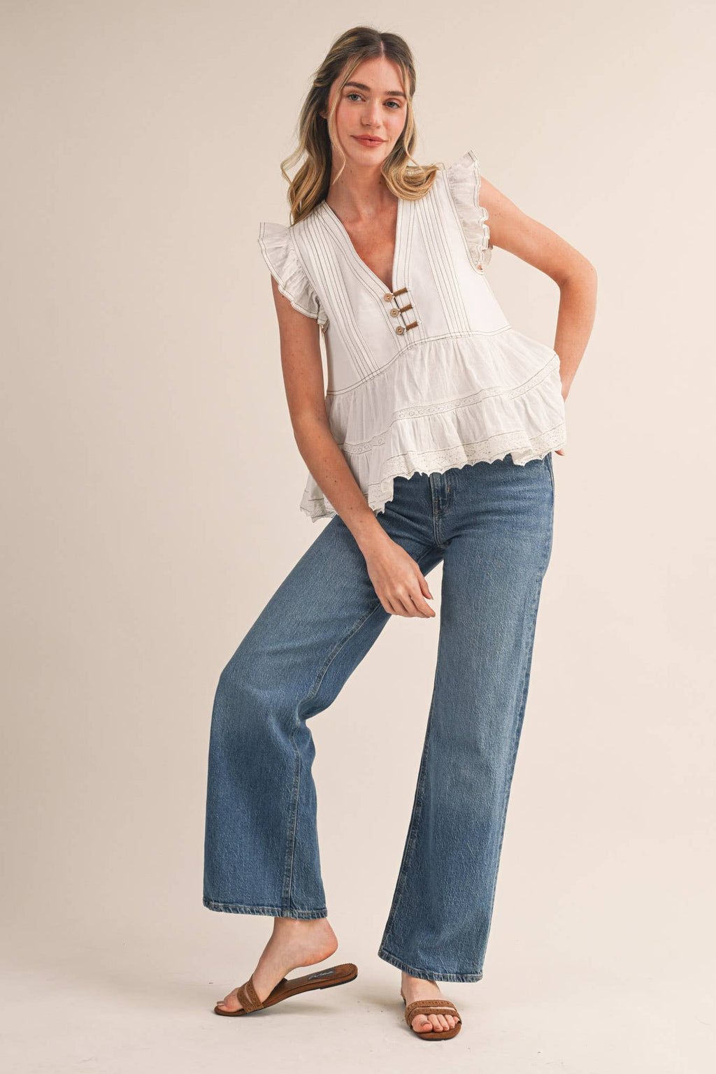 MIXED MEDIA CONTRAST STITCH LACE TRIM TOP MTP4599