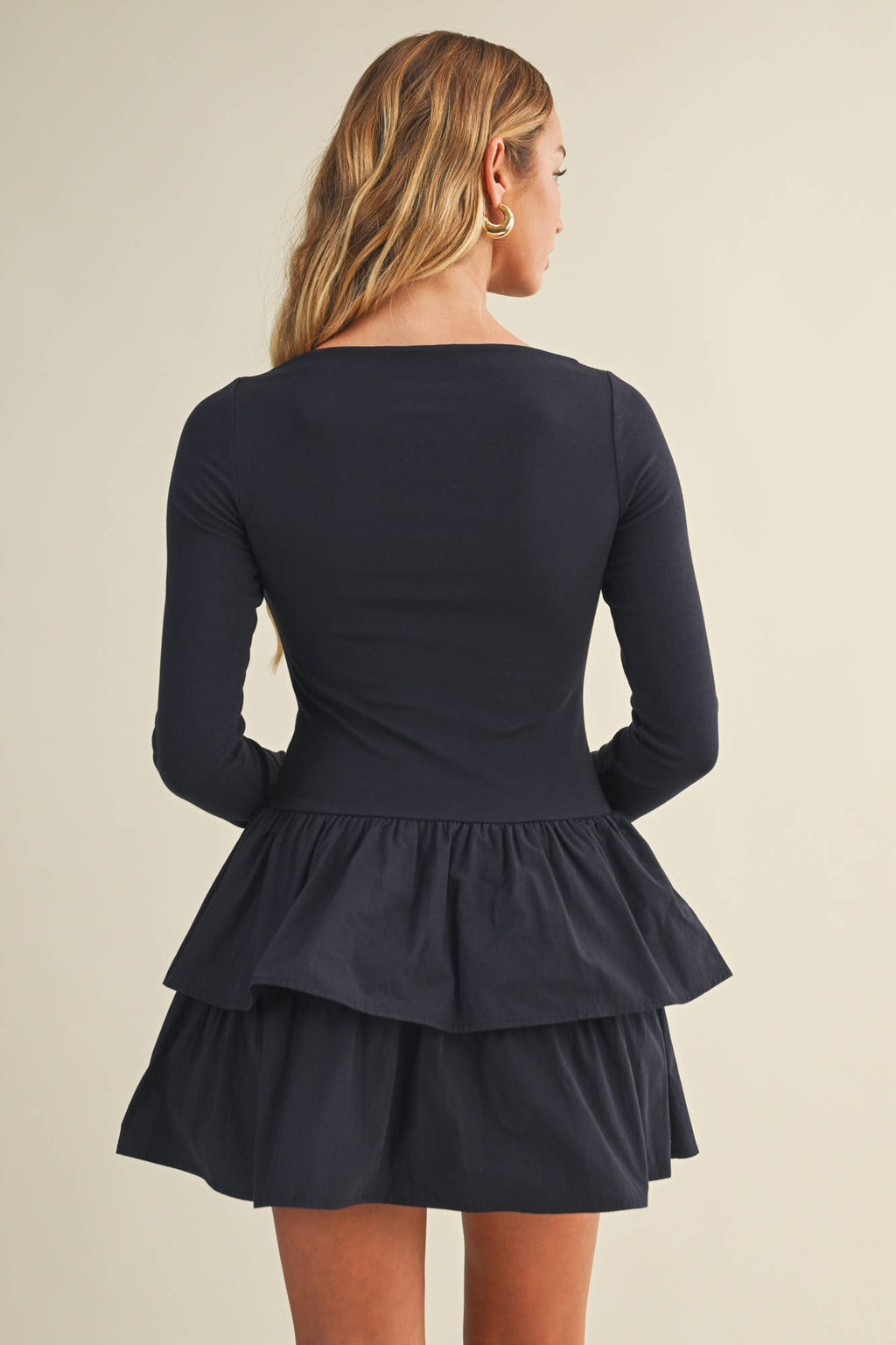 BOAT NECK TIERED RUFFLE DRESS