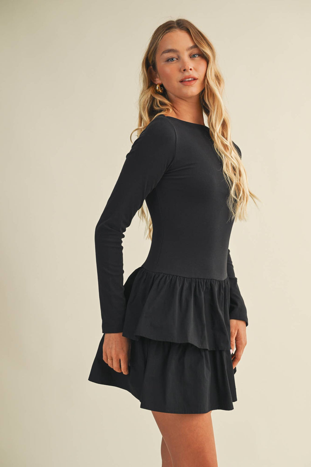 BOAT NECK TIERED RUFFLE DRESS