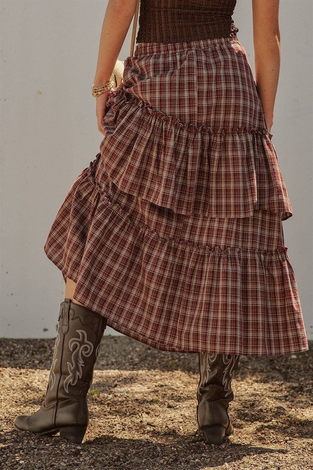 Plaid Tiered Ruffle Cotton Maxi Skirt