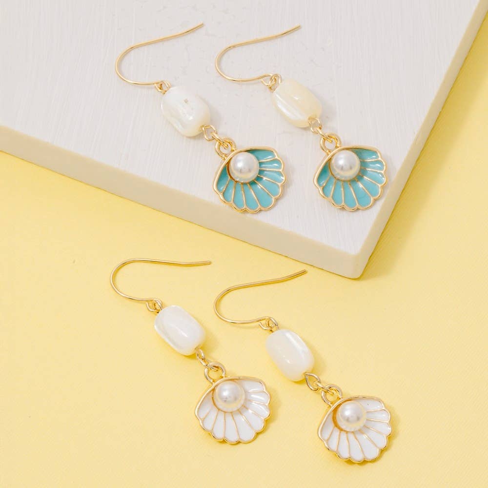 Enamel Seashell Pearl Drop Earrings