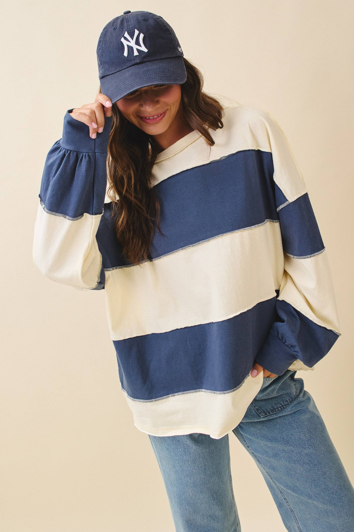8551GN Oversized Color Block Long Sleeve Pullover
