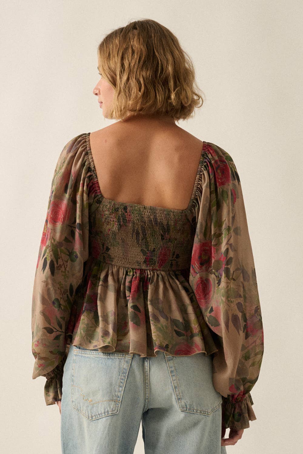Floral-Print Smocked Sweetheart Peplum Peasant Top
