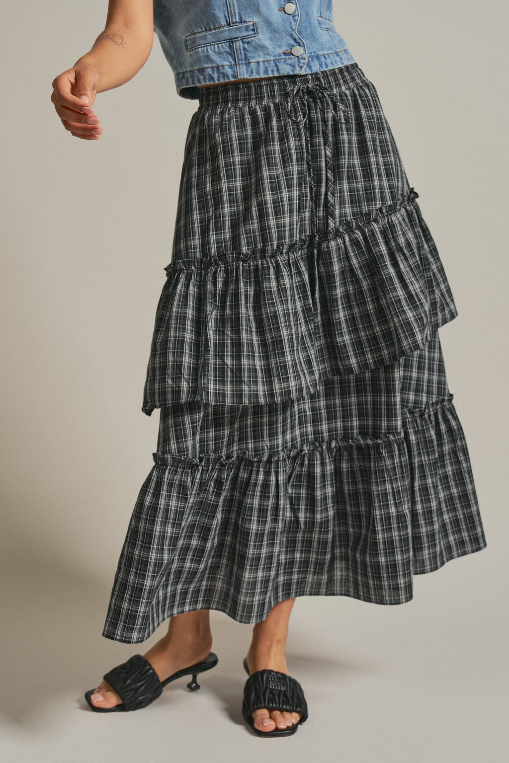 Plaid Tiered Ruffle Cotton Maxi Skirt