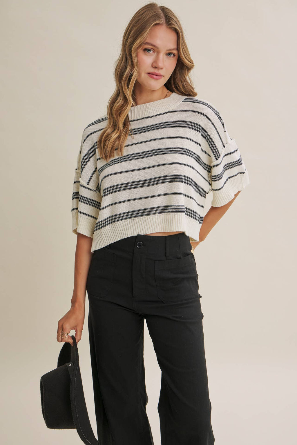 ESSENSE OF WEEKEND STRIPED LINEN COTTON BOXY SWEATER TOP