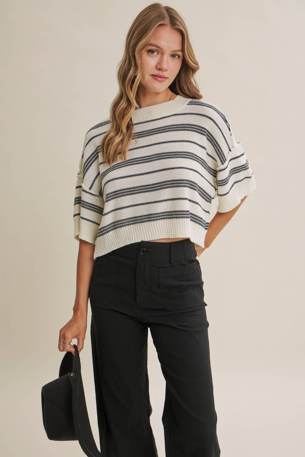 ESSENSE OF WEEKEND STRIPED LINEN COTTON BOXY SWEATER TOP
