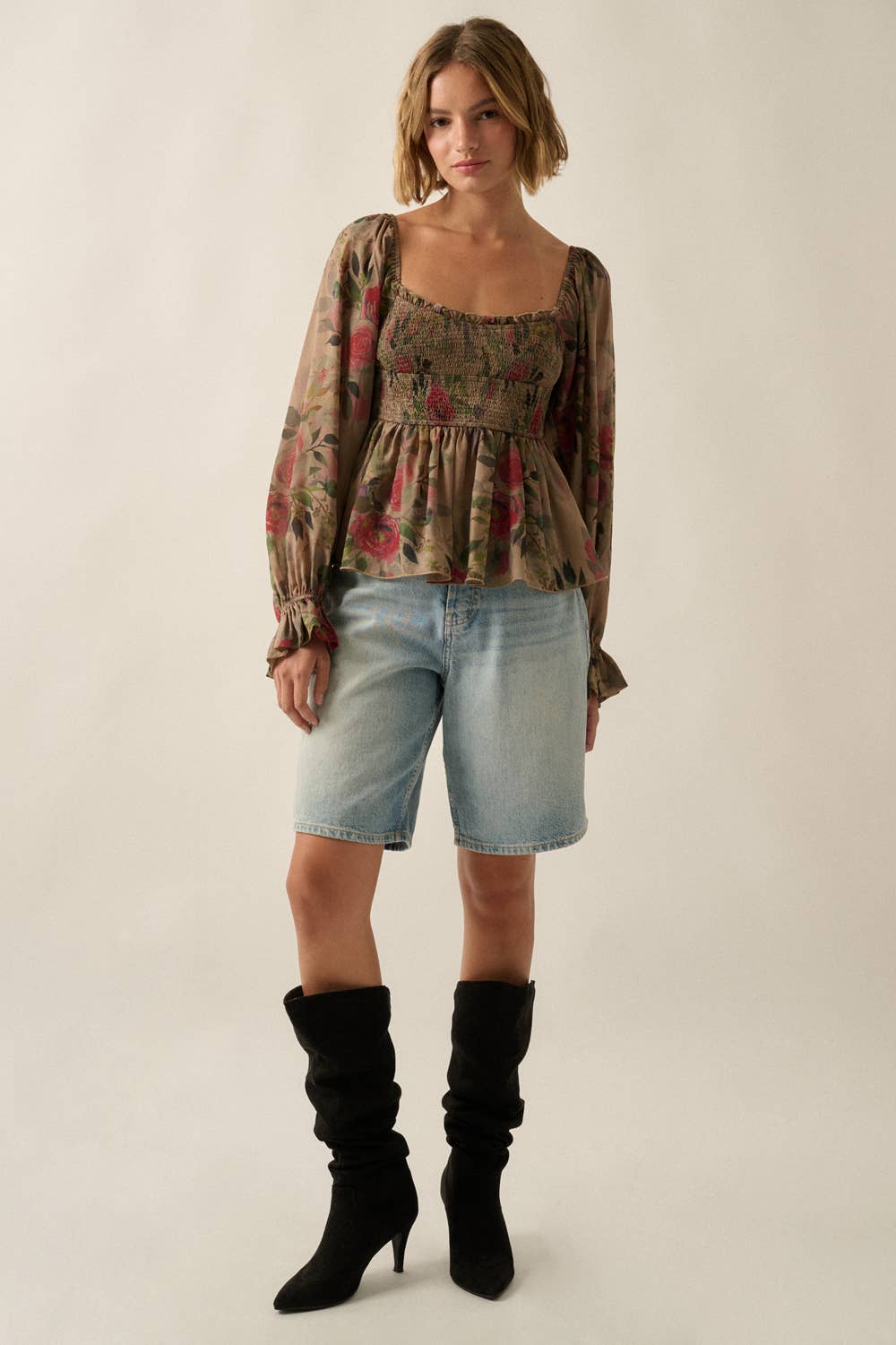 Floral-Print Smocked Sweetheart Peplum Peasant Top