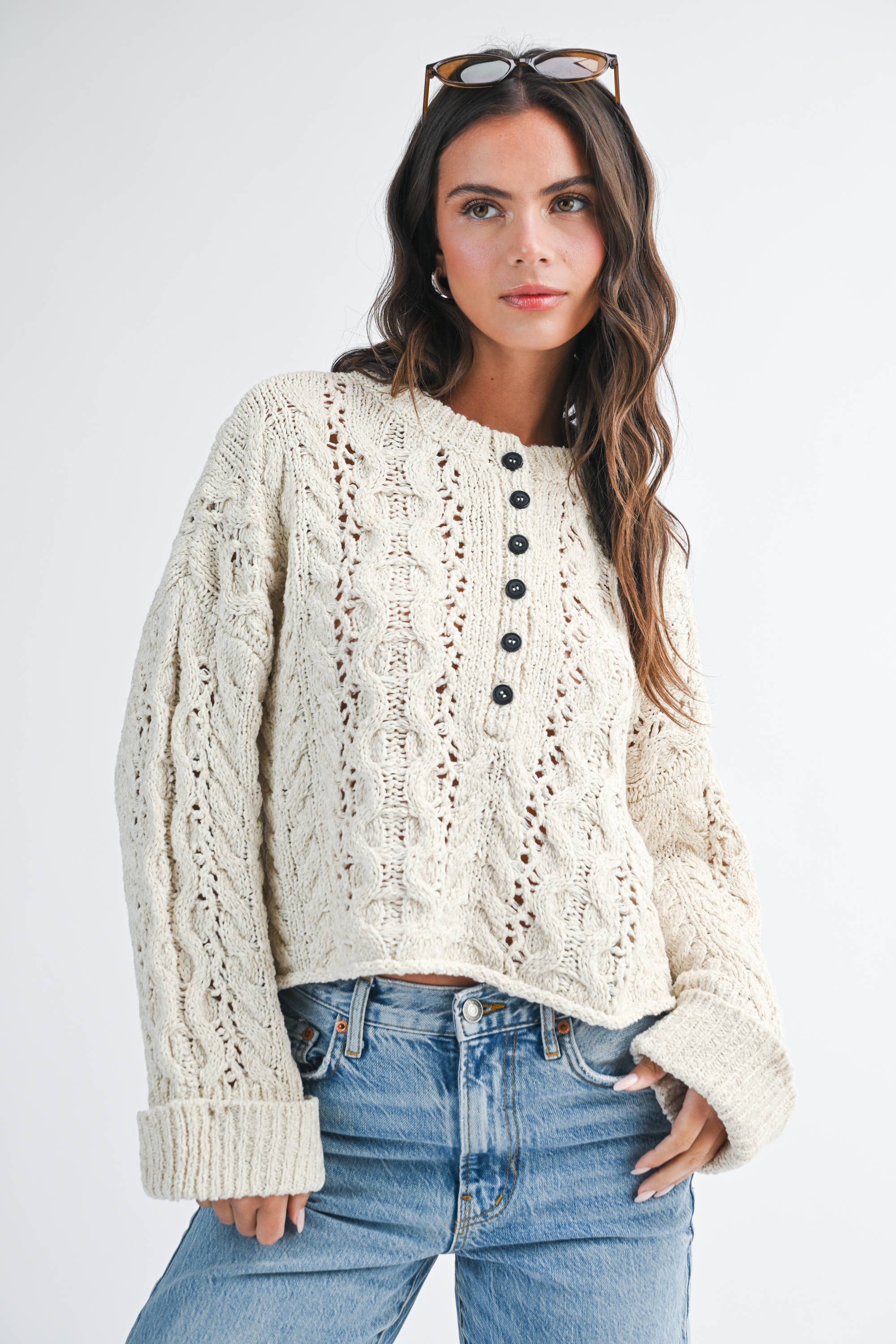 3463HK Textured Cropped Henley Knit Sweater – White Dove Boutique