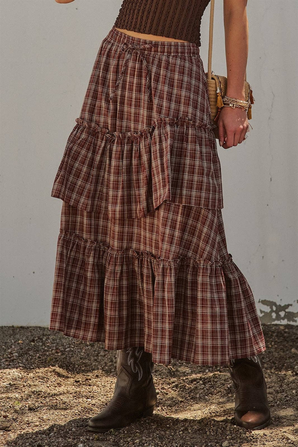 Plaid Tiered Ruffle Cotton Maxi Skirt