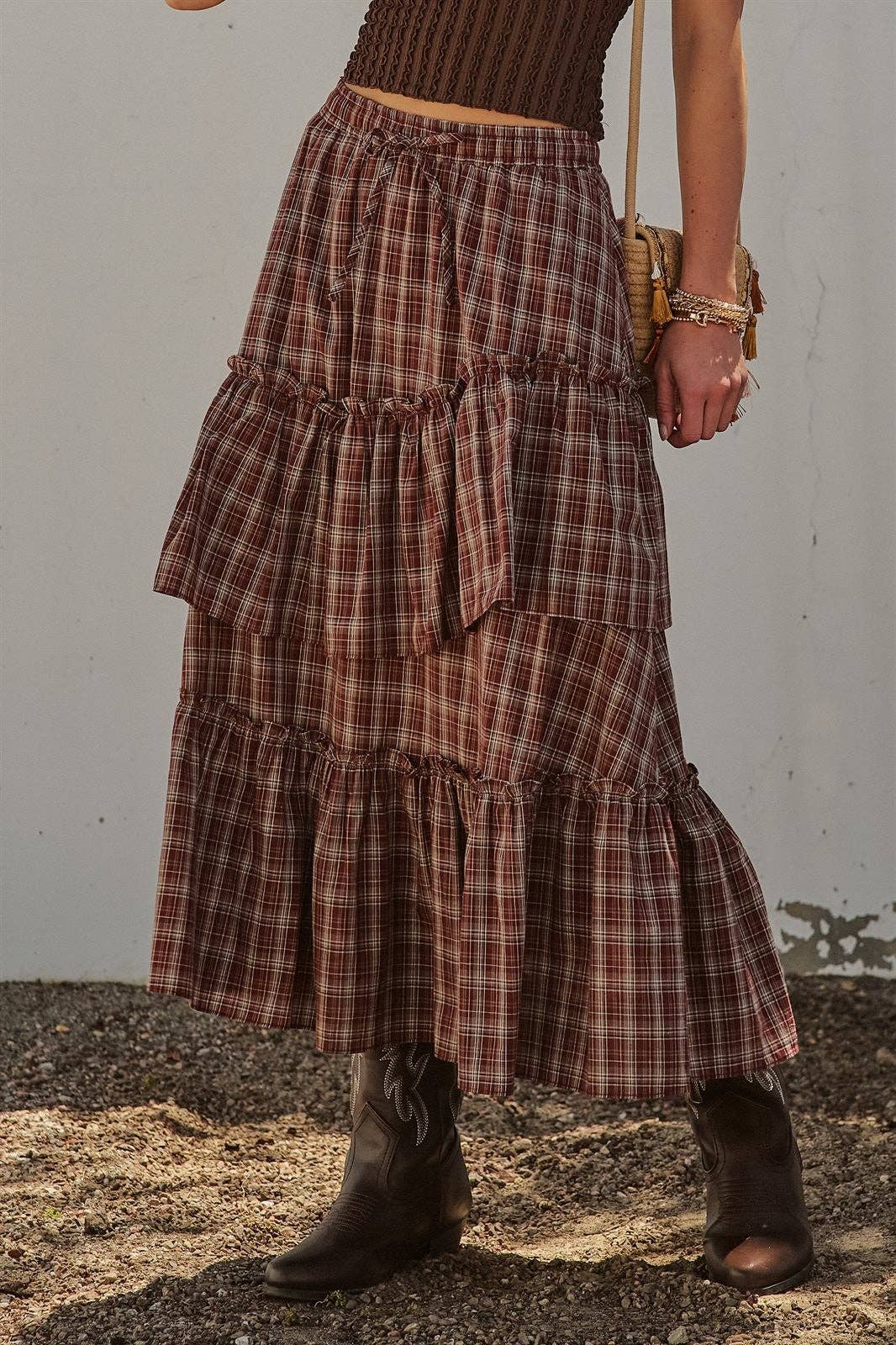Plaid Tiered Ruffle Cotton Maxi Skirt
