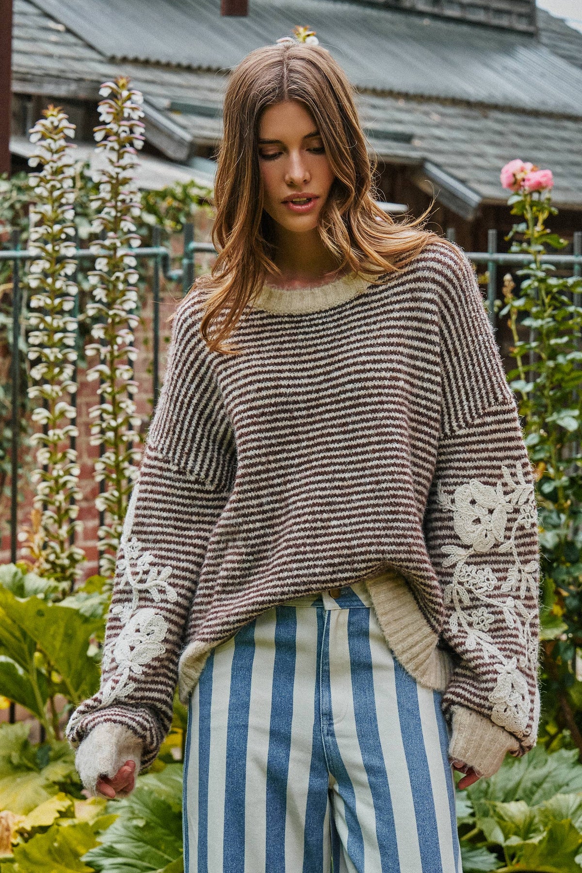 Floral Embroidered Striped Knit Sweater