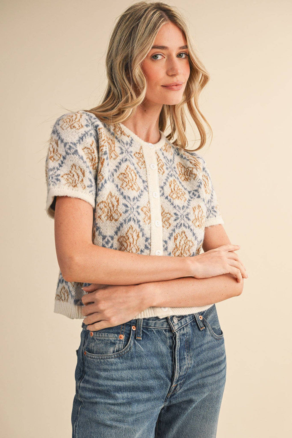 FLORAL SHORT SLEEVE SWEATER CARDIGAN MSW11258