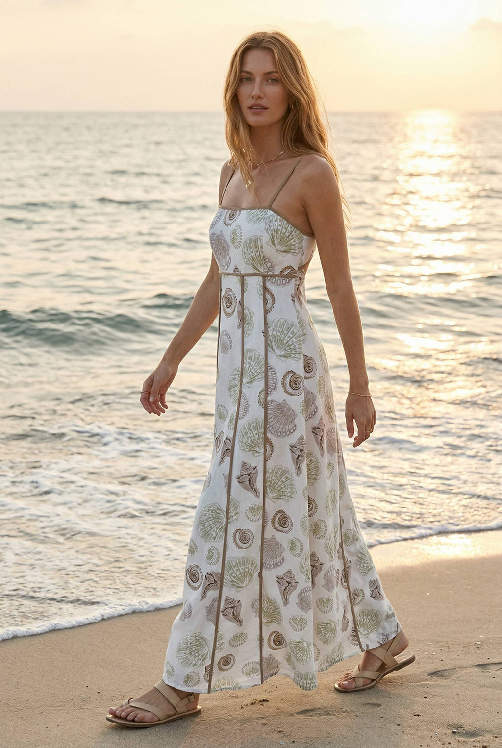 Fit and flare maxi dress made with seashell-print fabric