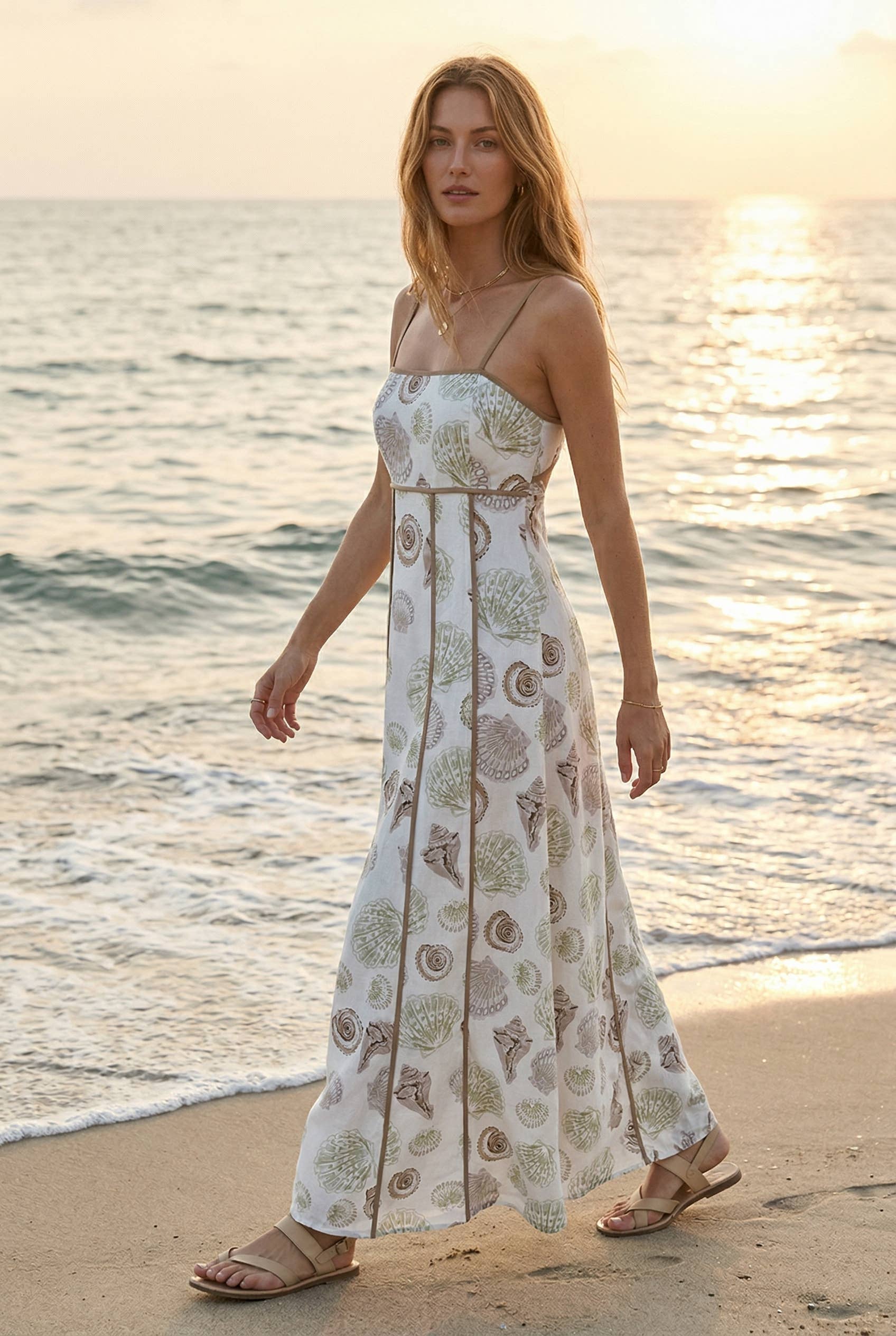 Fit and flare maxi dress made with seashell-print fabric