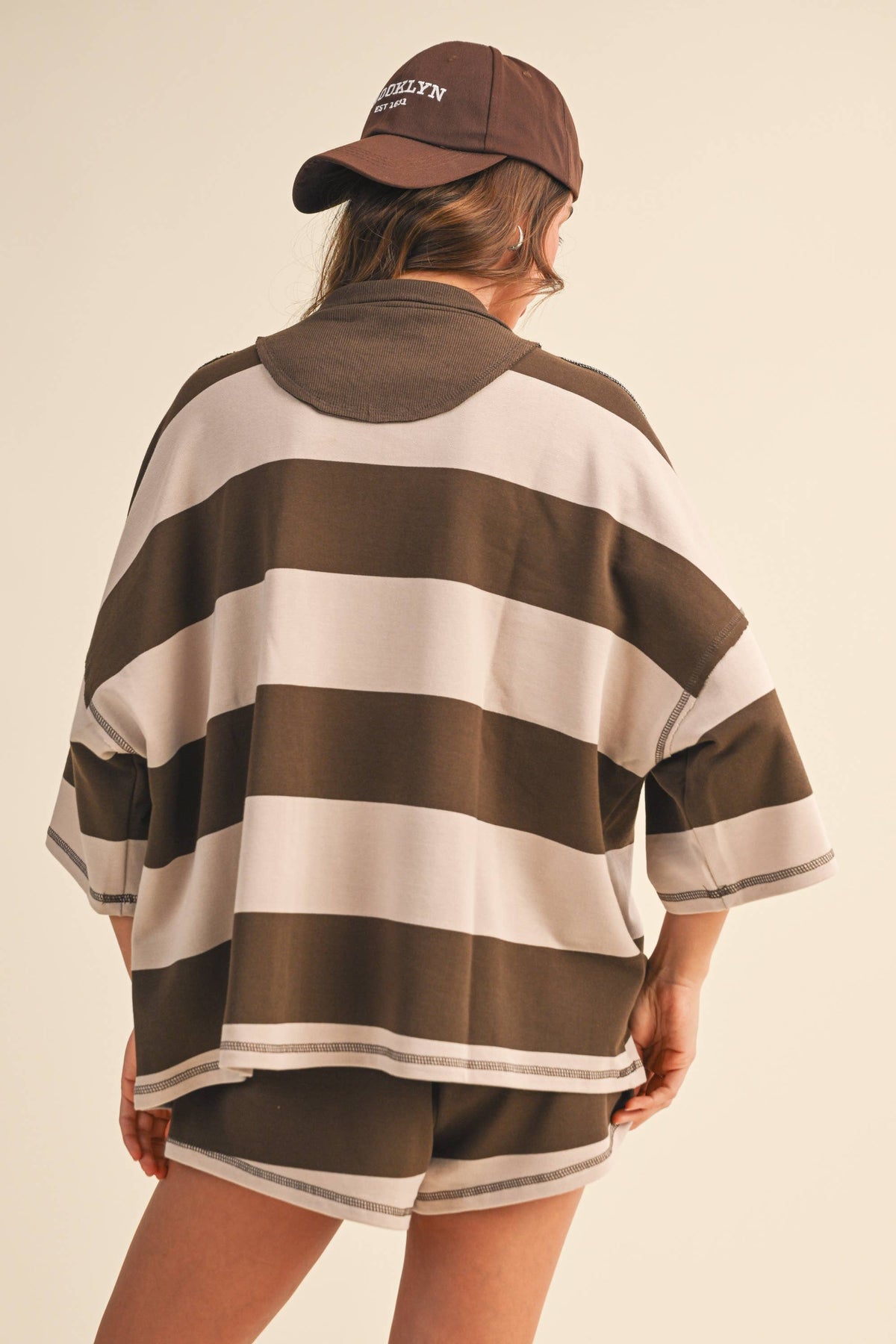 IST5983  STRIPED ZIP UP OVERSIZED TOP AND SHORTS SET