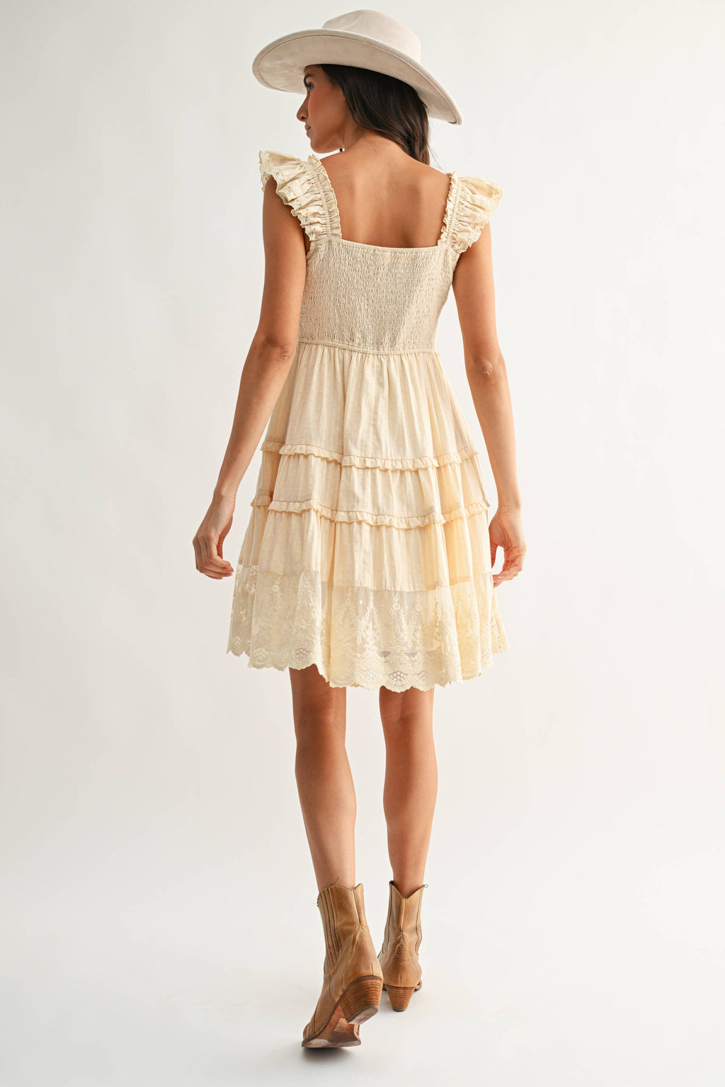 CED26915 Tiered Ruffle Lace Dress