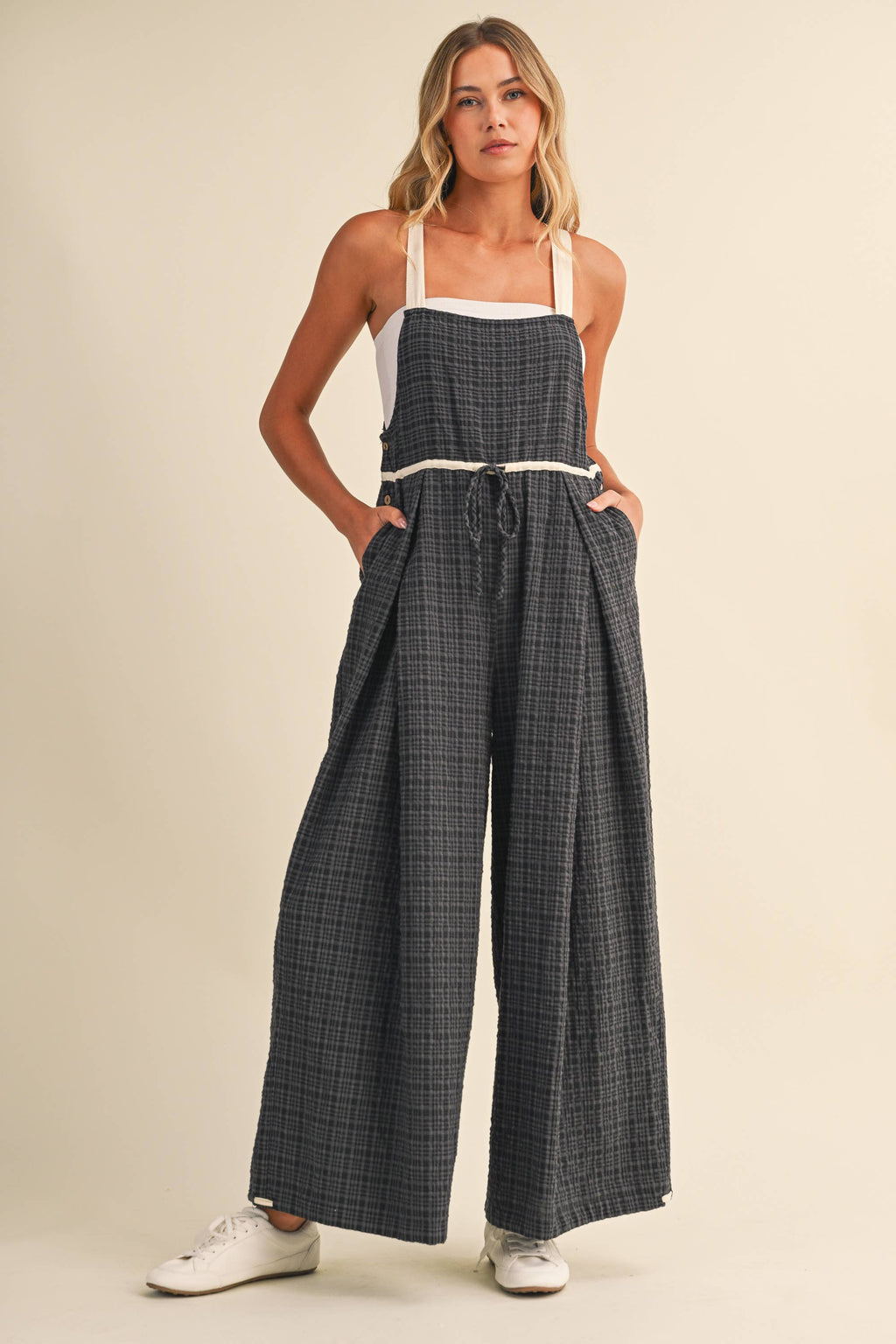 IJP3433 DRAWCORD WAISTLINE PLAID OVERALLS WITH ADJUSTABLE AN