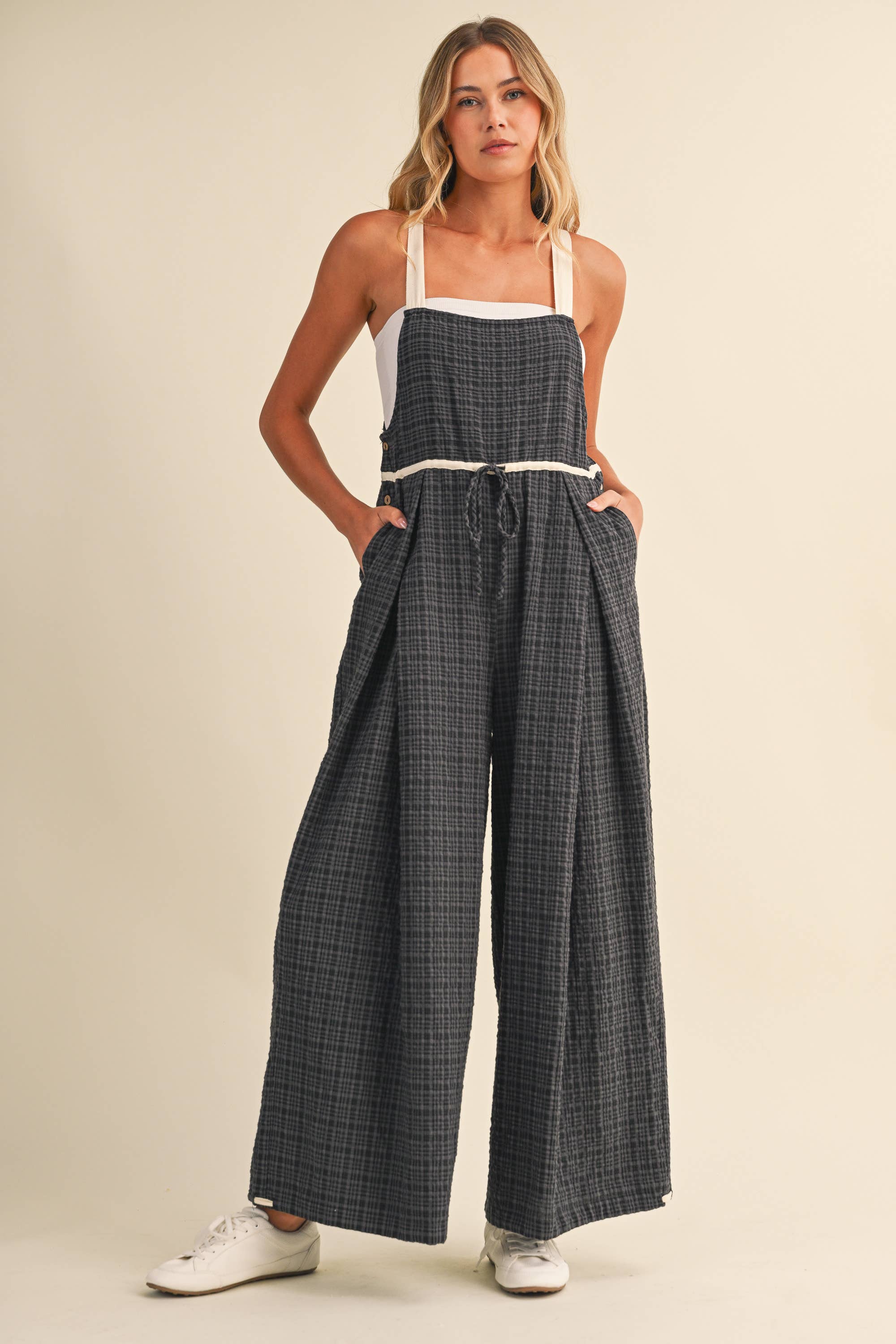 IJP3433 DRAWCORD WAISTLINE PLAID OVERALLS WITH ADJUSTABLE AN