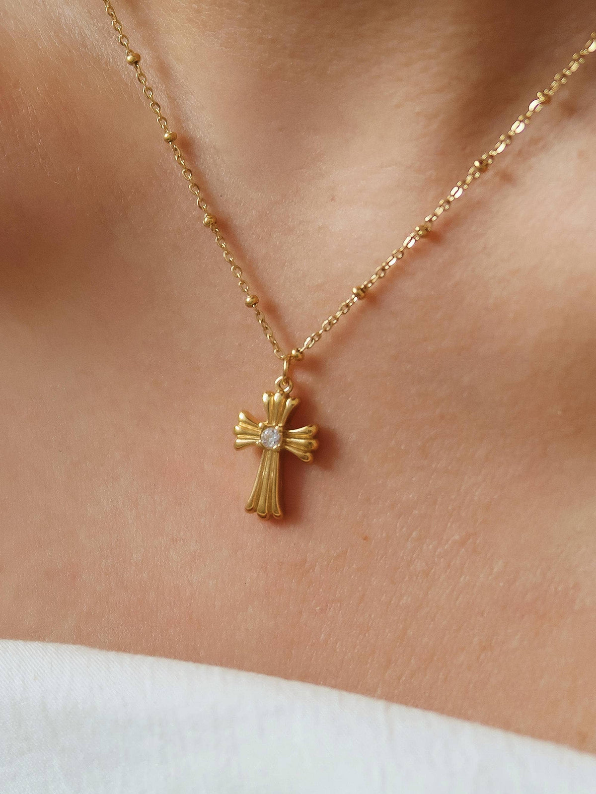 Lourdes 18K Gold Non-Tarnish CZ Cross Necklace