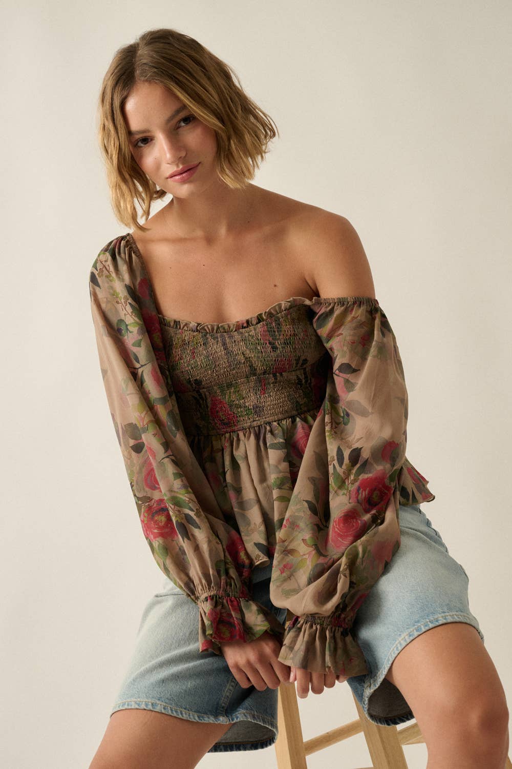 Floral-Print Smocked Sweetheart Peplum Peasant Top