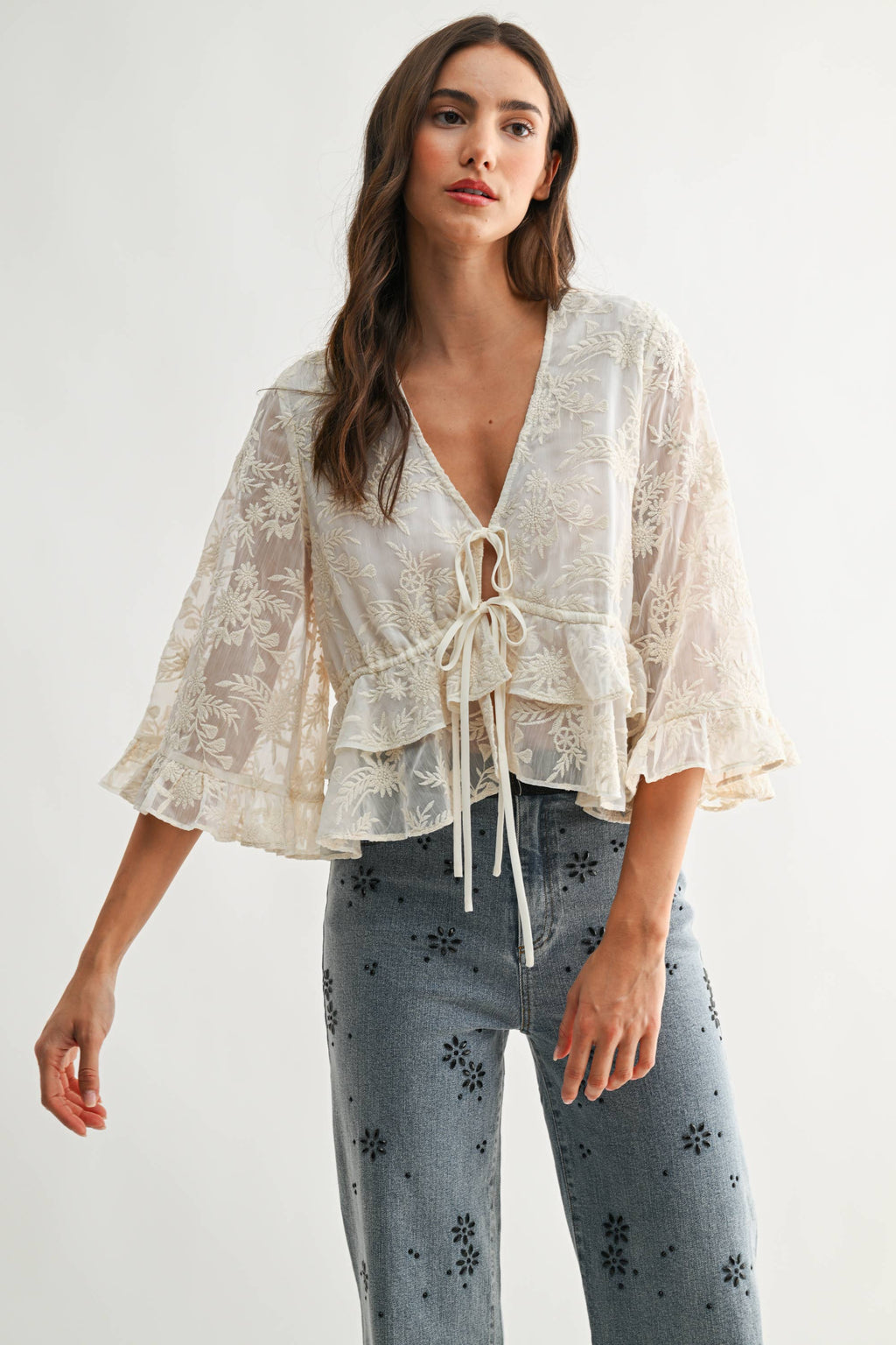CT10102J Boho Embroidered Sheer Blouse Flowy Bell Sleeves