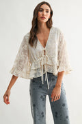 CT10102J Boho Embroidered Sheer Blouse Flowy Bell Sleeves