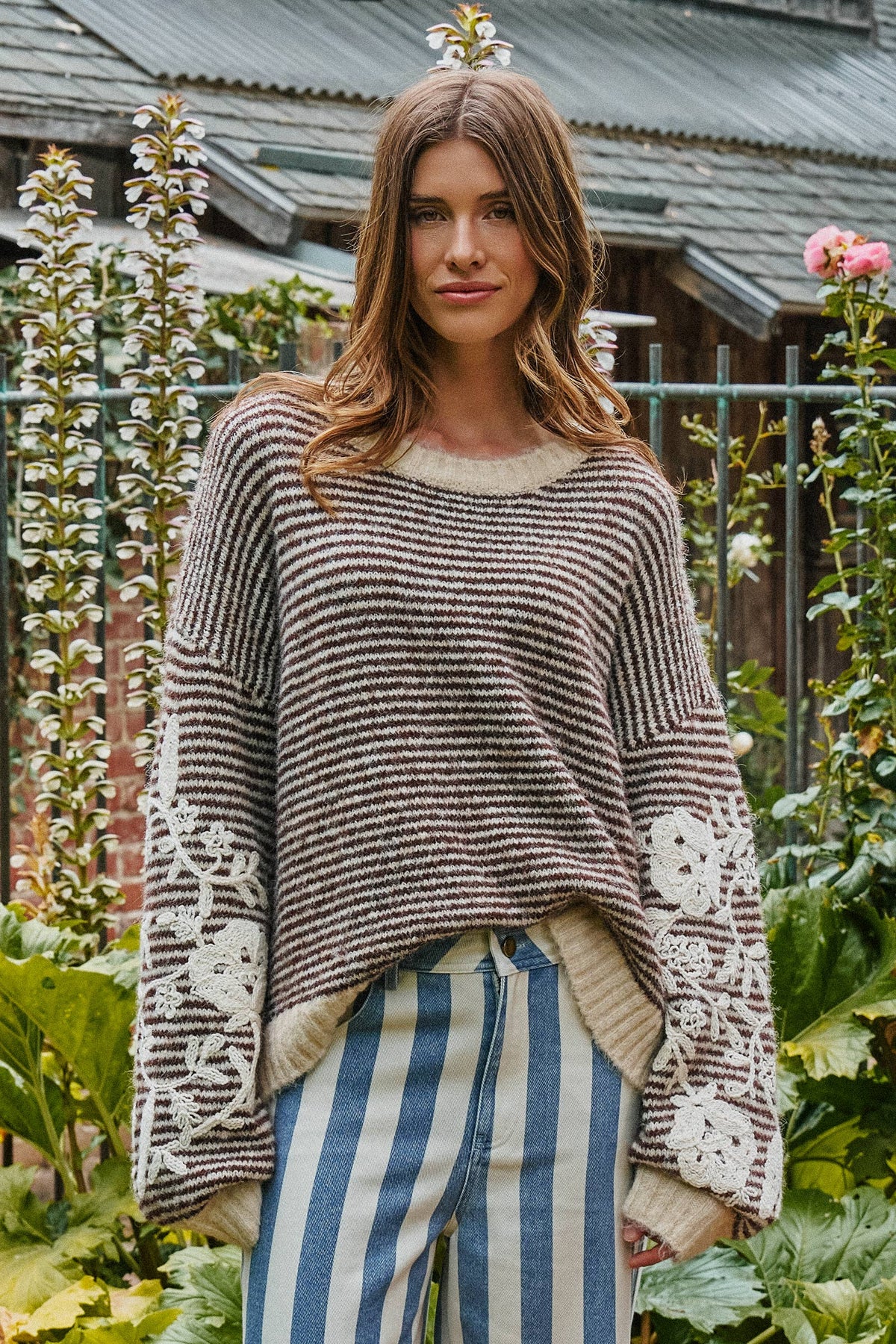 Floral Embroidered Striped Knit Sweater