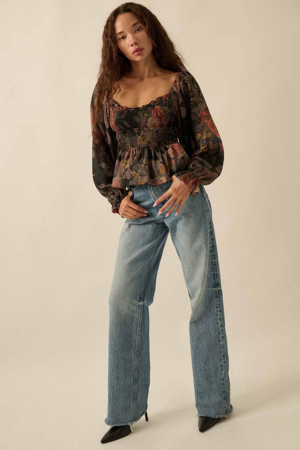 Floral-Print Smocked Sweetheart Peplum Peasant Top