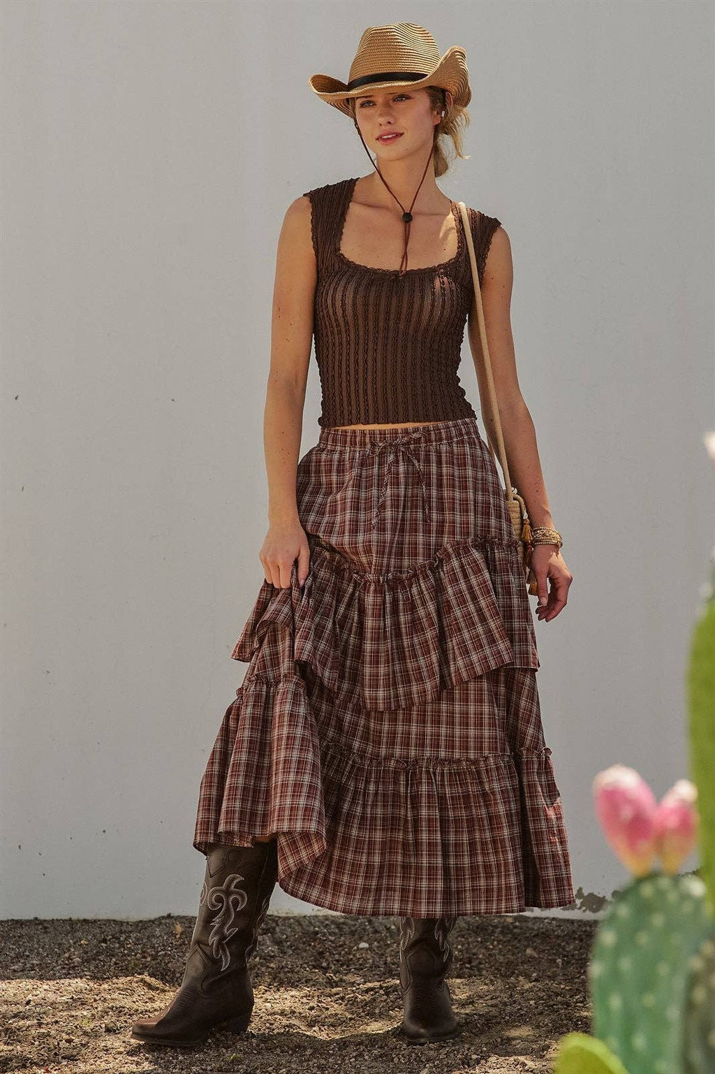 Plaid Tiered Ruffle Cotton Maxi Skirt