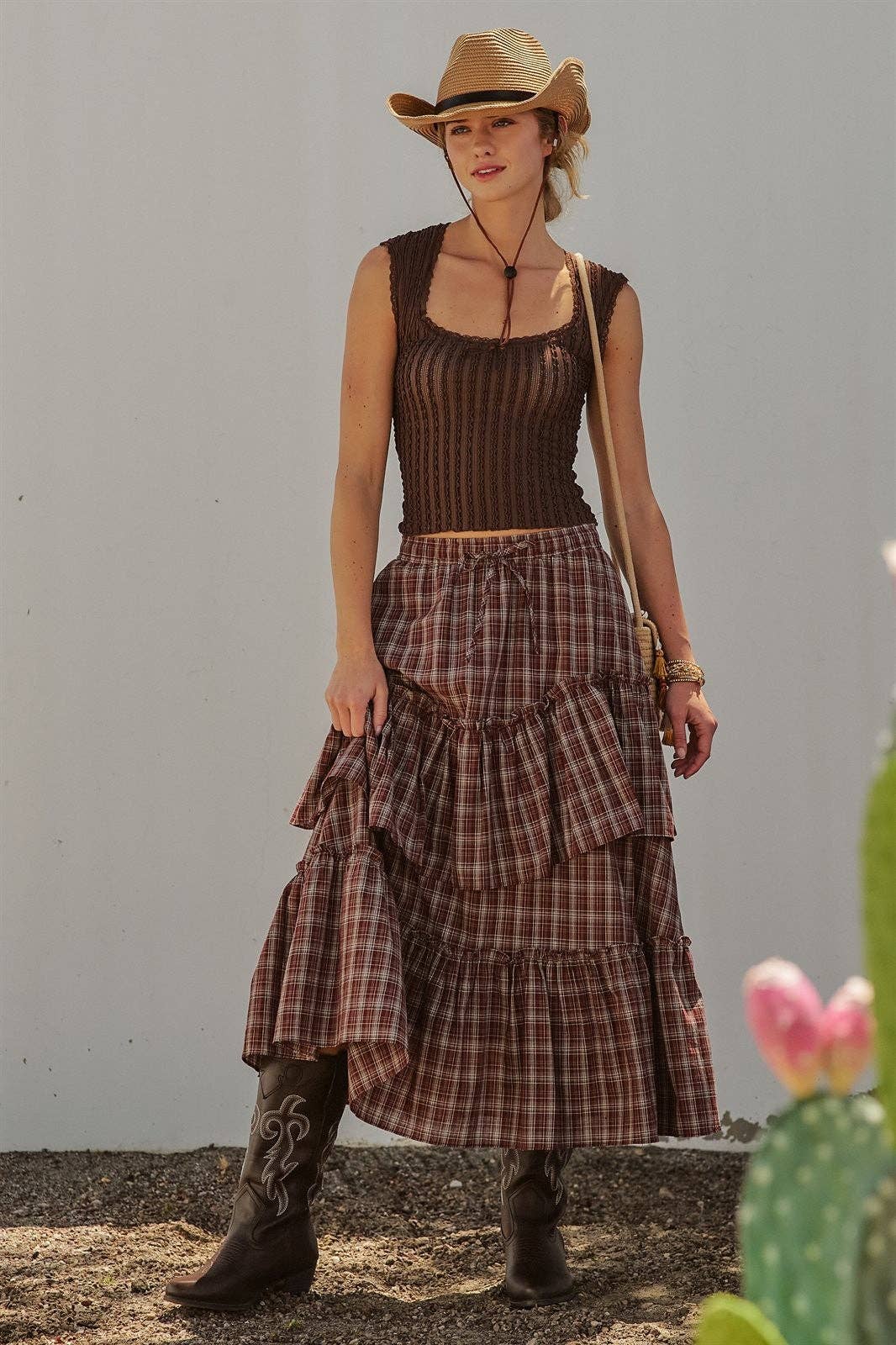 Plaid Tiered Ruffle Cotton Maxi Skirt