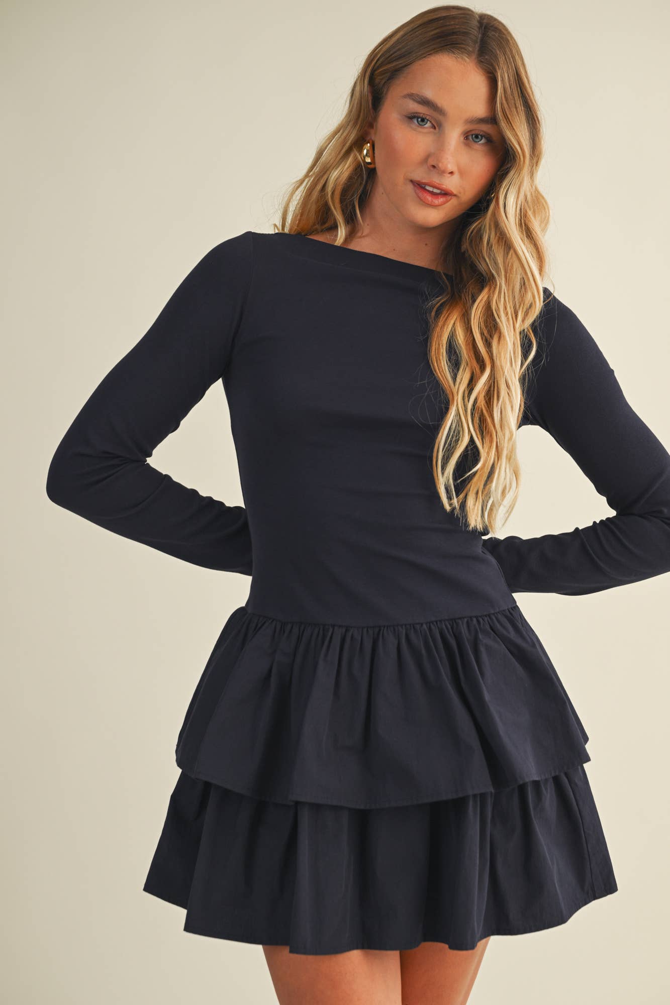 BOAT NECK TIERED RUFFLE DRESS