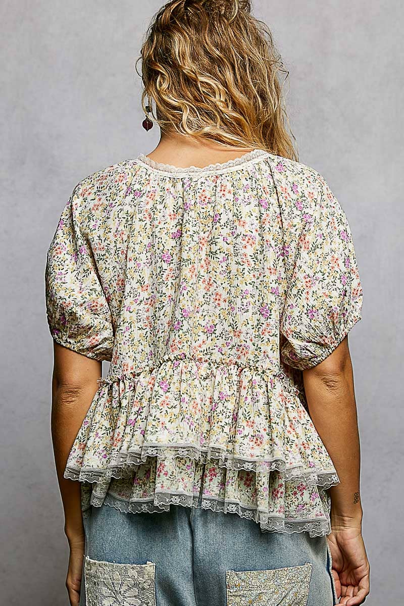 Ruffle Detail Neck Loop Floral Balloon Sleeve Woven Top