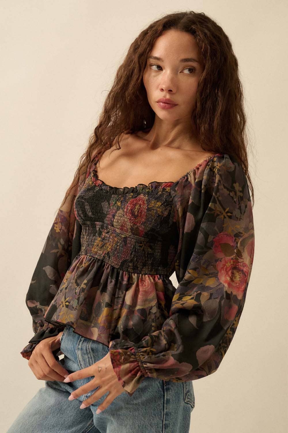 Floral-Print Smocked Sweetheart Peplum Peasant Top