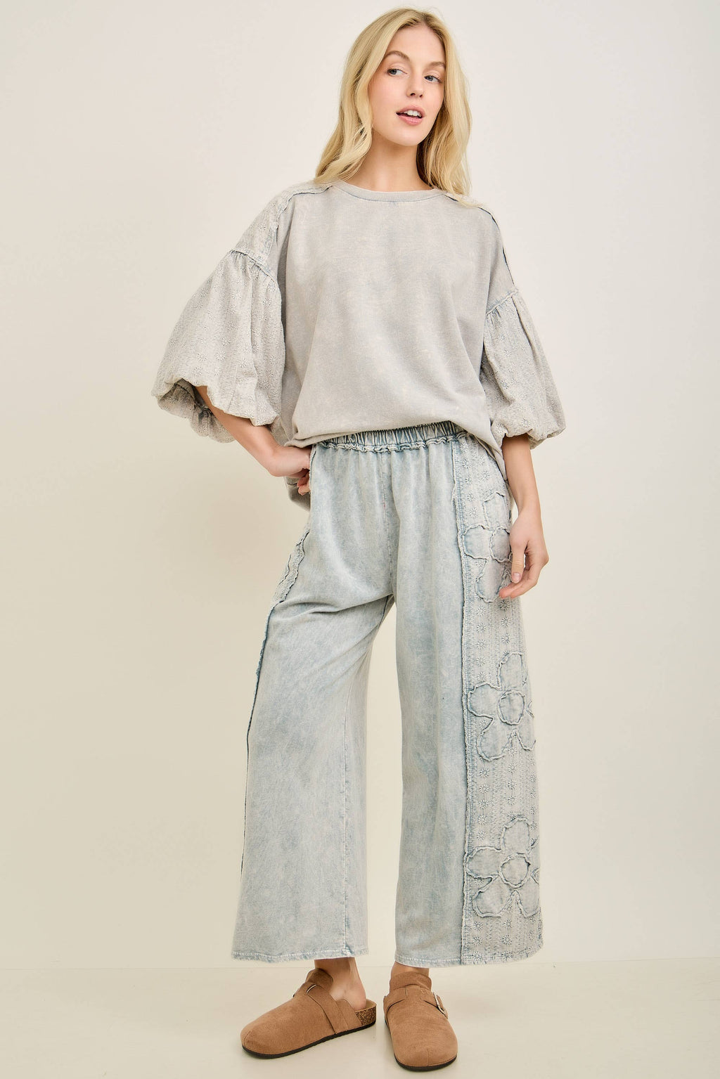 Mineral Washed Eyelet Flower patch Wide leg pants HP6459P1