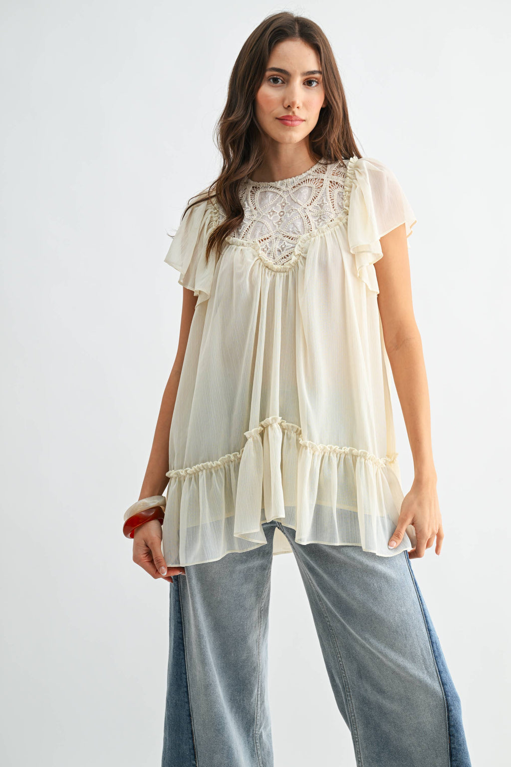 CT10179J Sheer Lace Yoke Ruffle Sleeve Blouse