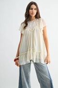 CT10179J Sheer Lace Yoke Ruffle Sleeve Blouse